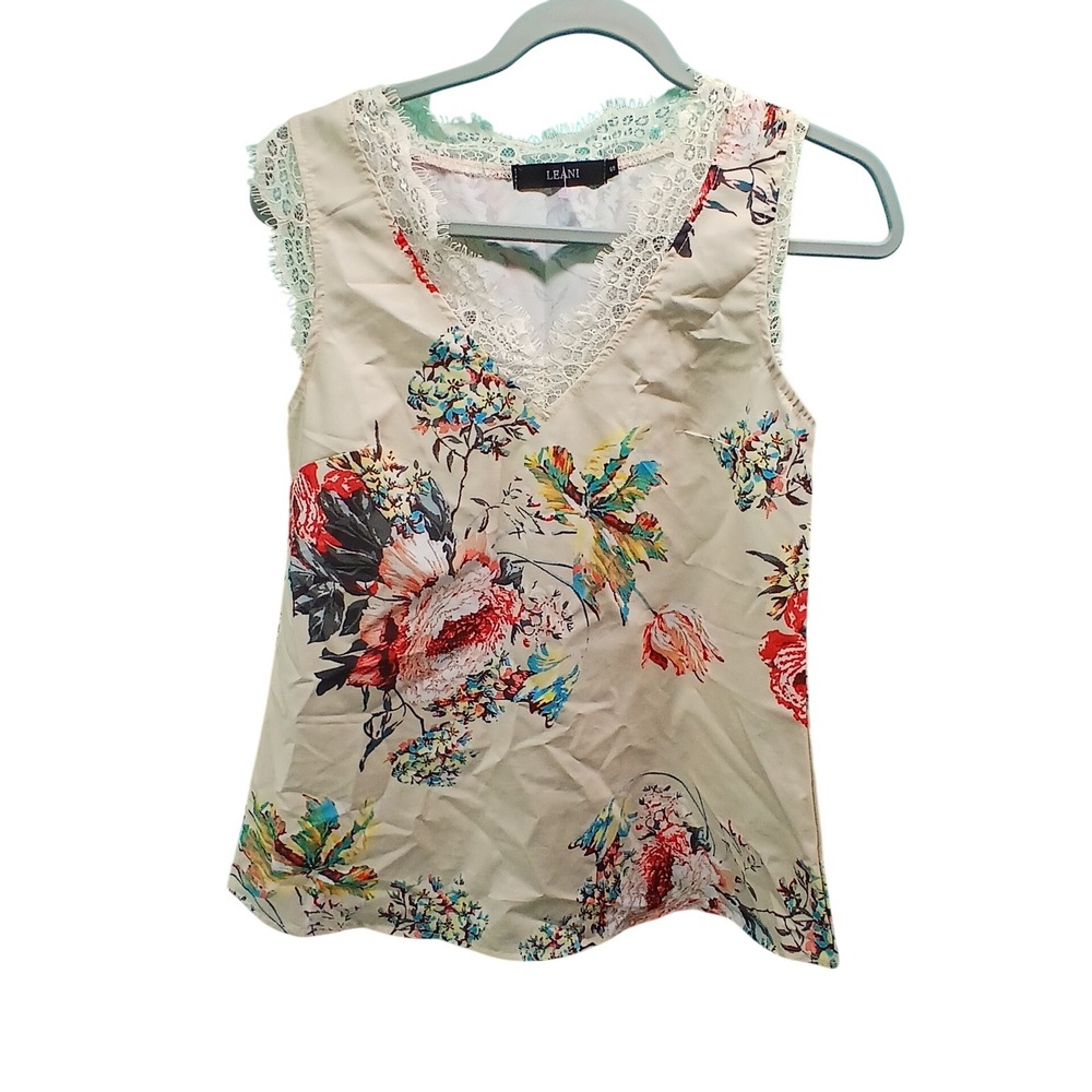 Leani Floral Lace‎ Trim Tank Top Small Tan Multicolor Cottagecore Romantic Boho